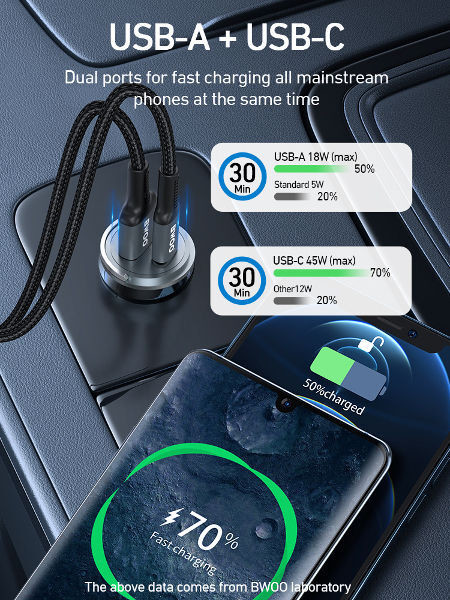 Mini 2in1 Car Fast Charger 100W Type-C USB QC for Mobile Phone