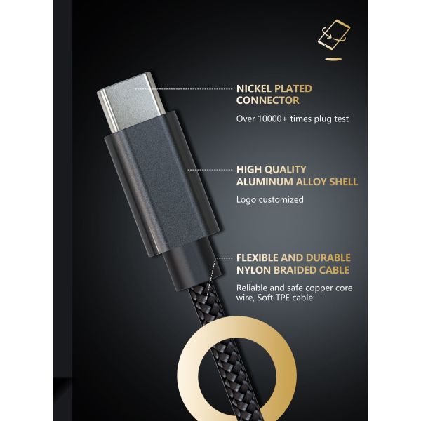 Black Kevlar Charging Cord , 5G 3Feet Usb 3.0 Fast Charging Cable