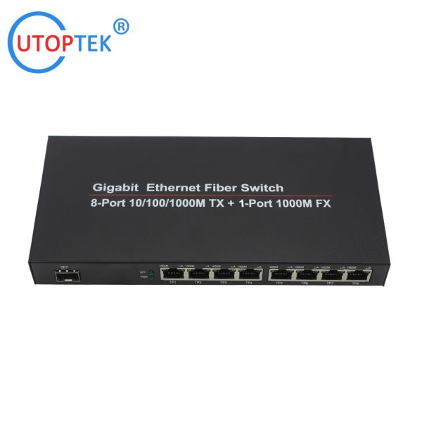 10/100/1000Mbps 8port RJ45+1port SFP/SC fiber ethernet media converter switch