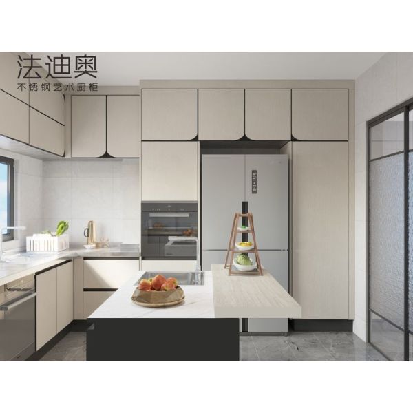 Fadior U-Shaped Modern Stainless Steel Kitchen Cabinet With Arc Doors And Handle-Free Design