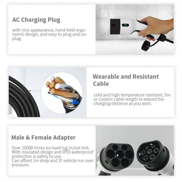 Type2 Three Phase EV Charging Cable 16A 32A 22kw 11KW Charger Female Plug To Male Plug
