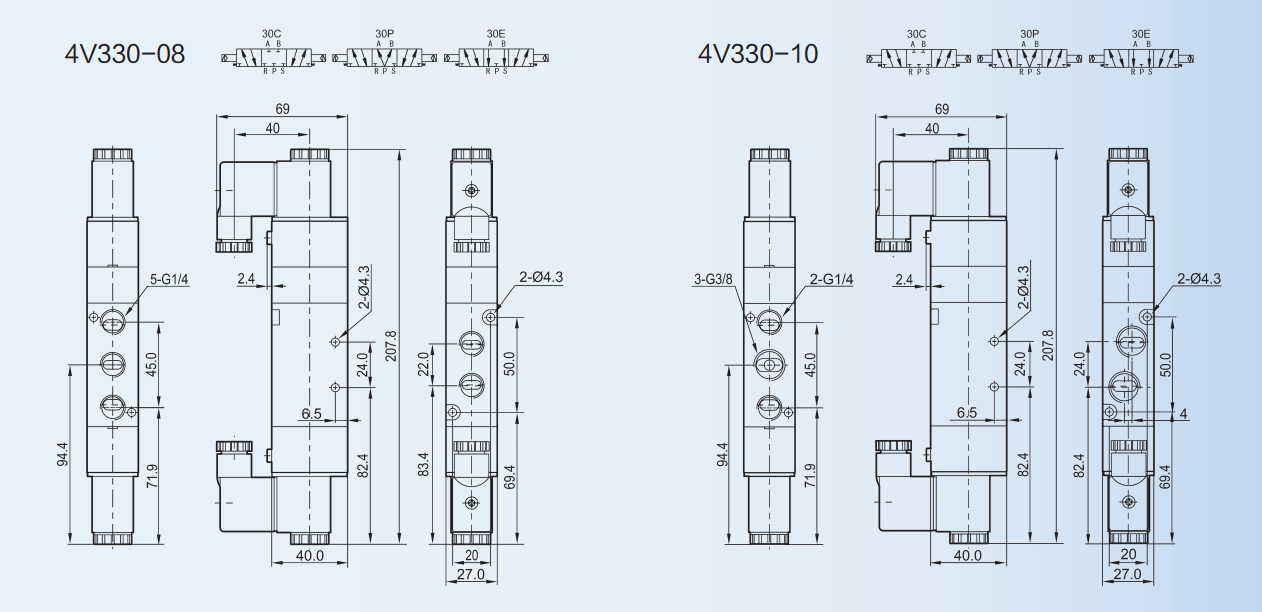 Normally Closed Pneumatic Solenoid Valve 4V100 ~ 400 Series 5 / 2 Way Threaded