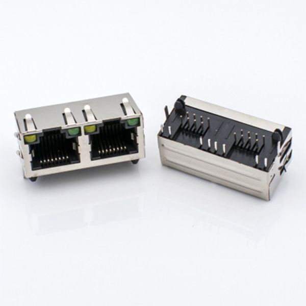 LED 90 Degree 1x2 Ports Shielded RJ45 Ethernet Connector Gold Contact Plating