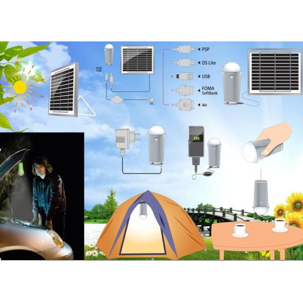 Mini solar lamps 5W with 2pcs LED bulbs high lumens with hook and mobile charging