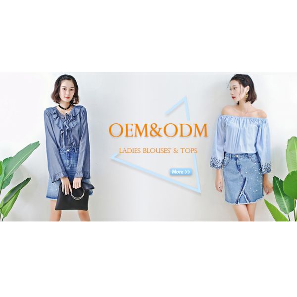 Fashion Ruffle Tie Denim Blouses And Tops , Women's Denim Shirts Long Sleeve