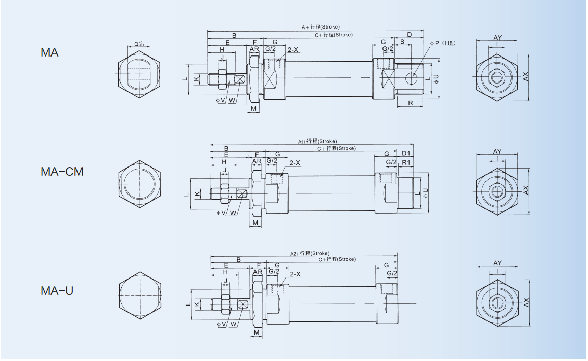 Double Acting Pneumatic Cylinder , Fix Type MA Pneumatic Piston Cylinder