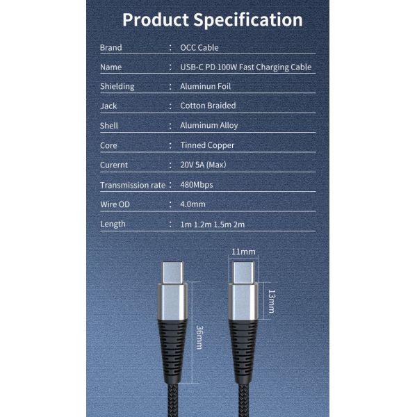 PD 100 Watt Usb C Cable , 6FT Black Type C Fast Charging Cable