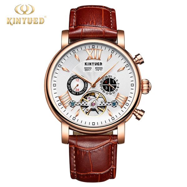 KINYUED oem waterproof custom logo leather fashion tourbillon skeleton wrist watch luxury automatic watches