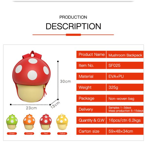 Supercute Personalized Toddler Backpack Baby Kids Mushroom Backpack With Zipper