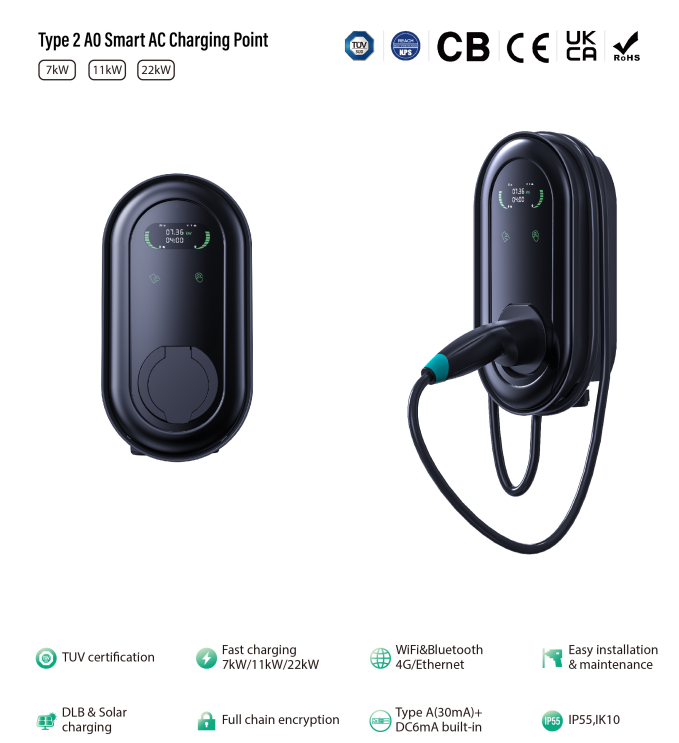 EVSE Manufacture AC Smart Charging Point For Electric Vehicles 7kw 11kw 22kw Solar Charging Wallbox Station With OCPP/DLB For Business And Home Use