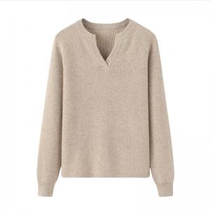 China Custom Women Cashmere Sweater Beige Casual Soft V Neck Winter Tops wholesale