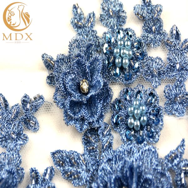 3D Embroidery Rhinestone Lace Fabric Handmade Blue African Lace Fabric