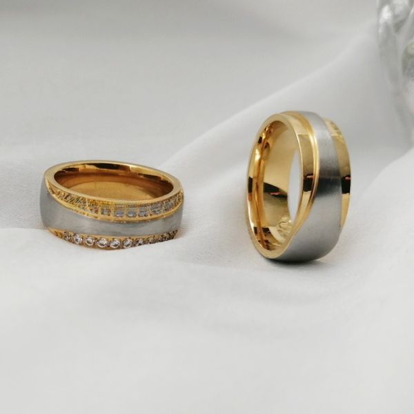 Gift Bridal CZ Stainless Steel Wedding Ring Band Set White Gold Plated 7mm