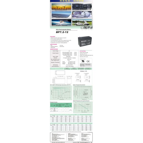 12V 7.2Ah Battery Sealed Lead Acid Battery B.B. Battery BP7.2-12 VDC
