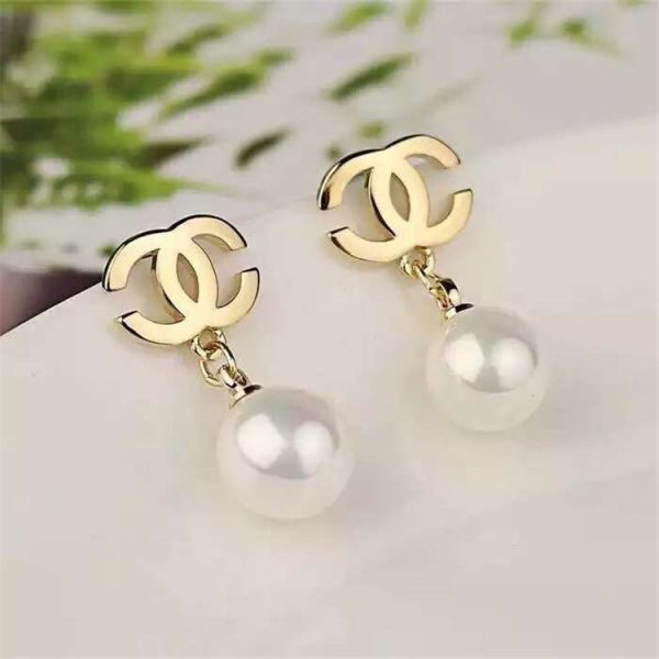 Logo Earrings in 18K Yellow Gold with Dropping Pearl Fashion Lady Jewelry Global Shipping