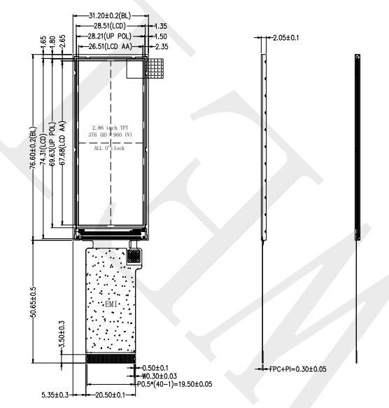 40 Pin 2.86-inch TFT LCD Display 376×960 HVGA With ST7701SN Driver IC RGB Interface