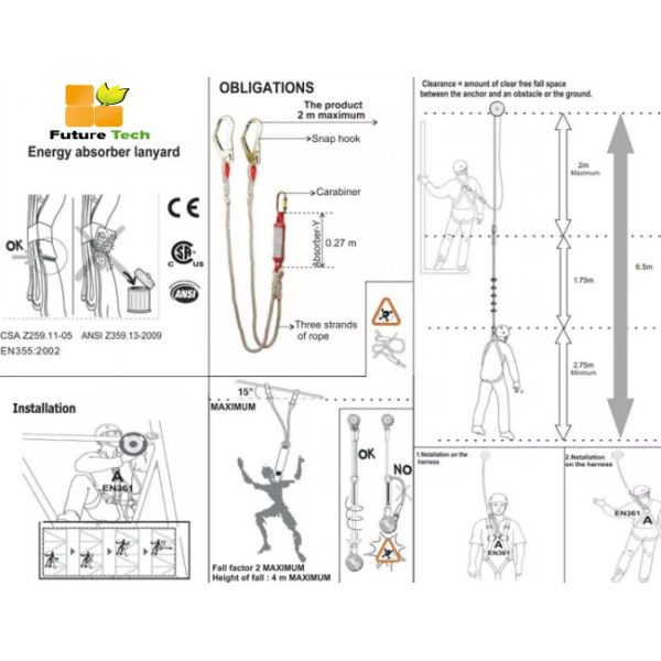 1460 To 1988mm Adjustable Safety Lanyard Yellow Energy Absorber Kernmantle Rope Lanyard