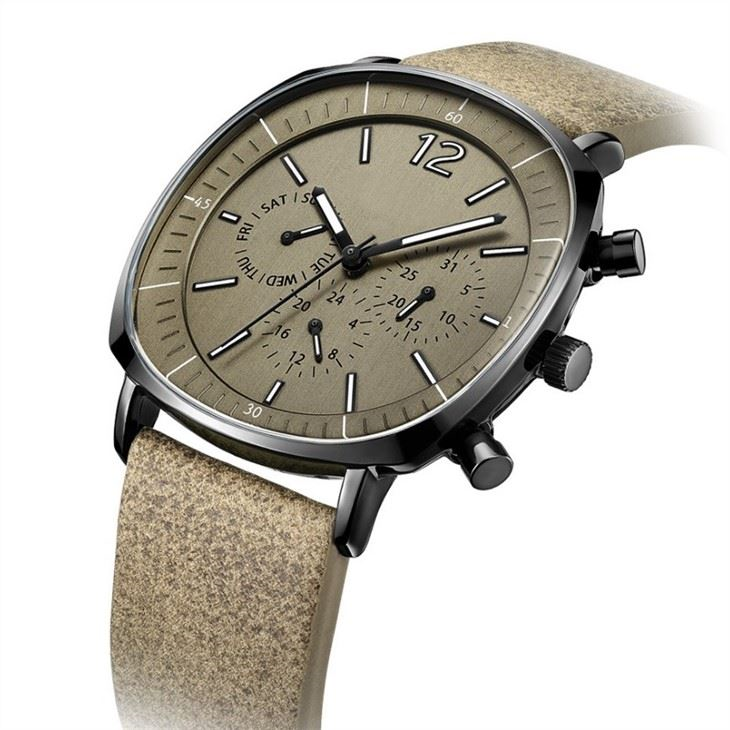 Microfiber Leather Strap Mens Mechanical Quartz Watch With 3 Eyes Dial