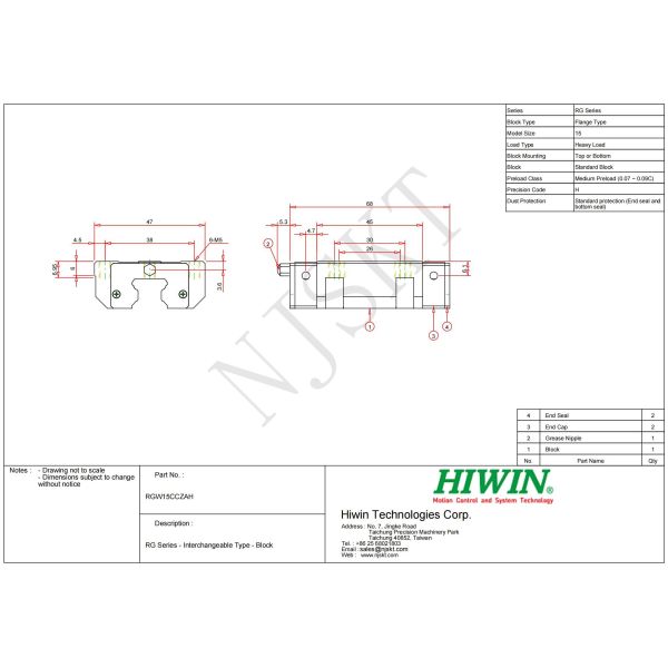 HIWIN RGW15CC Linear Guide Rail RG Type Linear Block Carriage