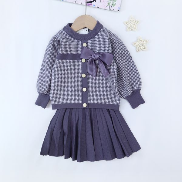 New Style Kids Children Winter Clothing Set Knitting Cardigan Skirt Baby Girl Winter False Cardigan Sweater With Bow