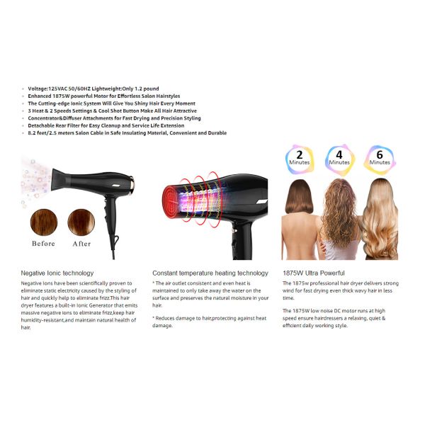Home Use 1800W Ionic Hair Dryer With DC Motor Plastic Material