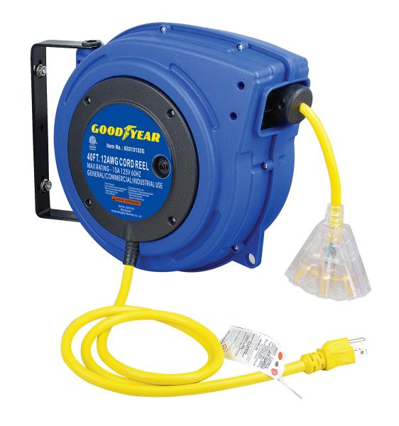 Quality Goodyear LED lighted Connector Enclosed Driven Spring cord reel with double adjustment function for sale