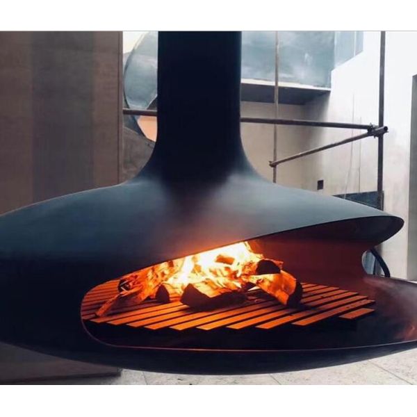 Black Hanging Ceiling Mounted Suspended Wood Burning Fireplace For Indoor Heater